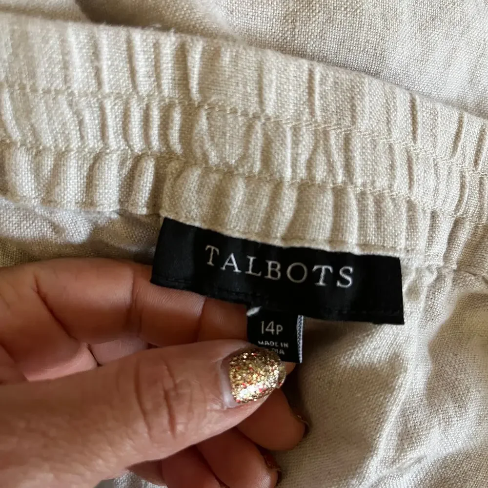 Talbots Women's Linen Wide Leg Drawstring‎ Pull On Pants Cream 14 Petite Pockets
